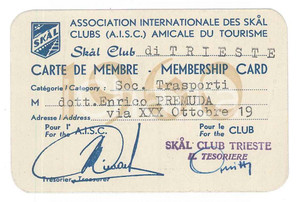 Oggetto da collezione cartaceo 1950 ca TRIESTE Skal Club AISC Tessera di Enrico PREMUDA  9x6 cm 1