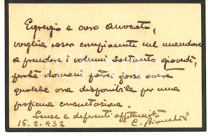 Autografo originale 1932 BOLOGNA Biglietto Camillo BIANCHEDI per ritiro volumi  AUTOGRAFO 1