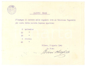 Autografo originale 1940 CICLISMO MILANO Olimpio BIZZI conferma gare al Vigorelli  AUTOGRAFO 1