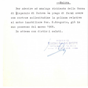 Documento originale, autentico 1968 PADOVA Notaio Giuseppe BENACCHIO  Lettera per polizza mutuo Autografo 1