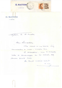Autografo originale 1962 NAPOLI IL MATTINO Giovanni ANSALDO promette la sua accoglienza Autografo 1
