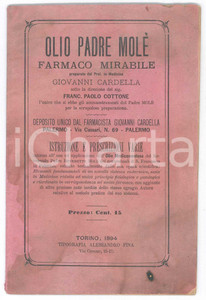 Materiale pubblicitario d’epoca 1894 TORINO FARMACEUTICA Olio PADE MOLE   Istruzioni e prescrizioni varie 1