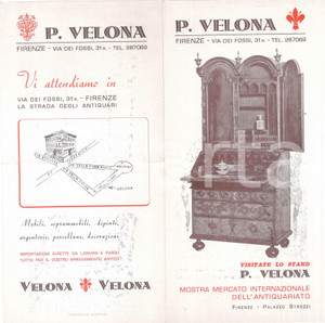 Materiale pubblicitario d’epoca 1940 ca FIRENZE Via dei fossi 31r  Antiquario P. VELONA Pieghevole 14x28 cm 1