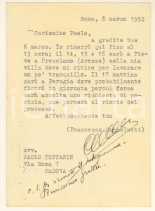Autografo originale 1952 MILANO Francesco CARNELUTTI in villa per lavorare tranquillo  AUTOGRAFO 1