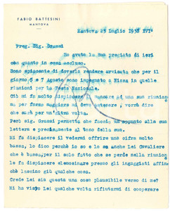 Autografo originale 1938 CICLISMO MANTOVA Lettera Fabio BATTESINI su ingaggio a Nizza  AUTOGRAFO 1