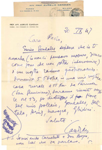 Autografo originale 1947 PARMA Lettera Aurelio CANDIAN a un amico per raduno gastronomico Autografo 1