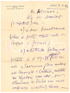 Autografo originale 1953 MILANO Lettera Aurelio CANDIAN per invito a un amico  Autografo 1
