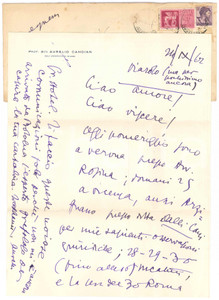 Autografo originale 1962 VIAROLO / PARMA Lettera Aurelio CANDIAN  Spostamenti di lavoro  Autografo 1