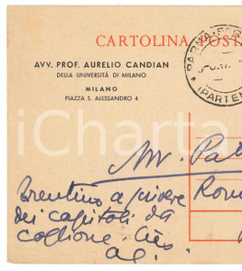 Autografo originale 1947 PARMA Avv. Aurelio CANDIAN in vacanza  Cartolina a un amico  Autografo 1
