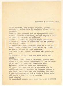 Autografo originale 1961 NAPOLI Libraio Gaspare CASELLA  Lettera a un amico collezionista AUTOGRAFO 1
