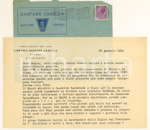 Autografo originale 1956 NAPOLI Lettera libraio Gaspare CASELLA per vendita pergamene Autografo 1