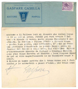 Autografo originale 1956 NAPOLI Biglietto Gaspare CASELLA Napoli provincia abbandonata  Autografo 1