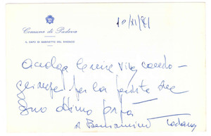 Autografo originale 1971 PADOVA  Beniamino TODARO  Biglietto per condoglianze  Autografo 1