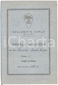 Oggetto da collezione cartaceo 1939 MILANO Collegio San Carlo  Liceo Classico  Pagella classe 3  14x21 cm 1