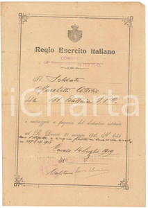 Documento originale, autentico 1919 CAVASO Regio Esercito Comando 44Â° Gruppo obici  Soldato Attilio MARCHETTI 1