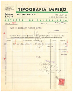 Documento originale, autentico 1940 MILANO Tipografia Impero  Fattura per cartoline 22x28 cm 1