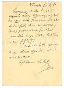 Autografo originale 1951 VENEZIA Vincenzo MANZINI  Cartolina a un collega AUTOGRAFO 1