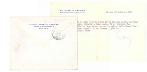 Autografo originale 1961 MILANO Aurelio CANDIAN  Lettera a un amico Autografo 1