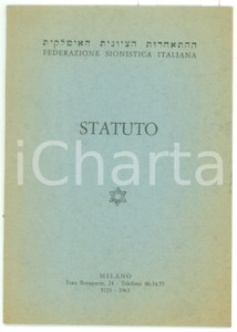 Libro, pubblicazione d epoca 1963 MILANO Statuto della FEDERAZIONE SIONISTICA ITALIANA  Pubblicazione 14 pp. 1