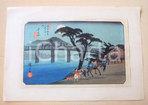Stampa, bozzetto originale 1900 ca ARTE GIAPPONESE Scena contadina con Monte Fuji  Stampa acquerellata 1