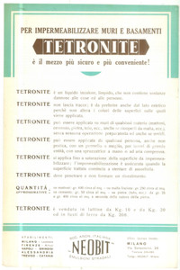 Materiale pubblicitario d’epoca 1935 ca SOCIETA  NEOBIT Tetronite impermeabilizzante Volantino pubblicitario 1