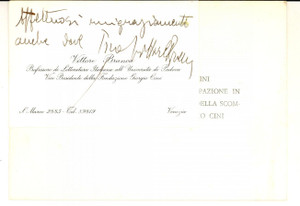 Autografo originale 1978 VENEZIA Biglietto Vittore BRANCA per ringraziamento Autografo 1