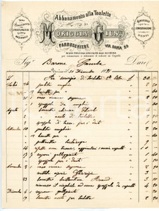 Documento originale, autentico 1895 TORINO Via Roma 20  Giuseppe MORIGGIA Parrucchiere  Fattura intestata 1