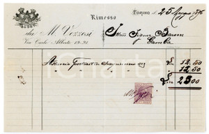 Documento originale, autentico 1896 TORINO Via Carlo Alberto  M. VEZZOSI Fattura intestata con marca da bollo 1
