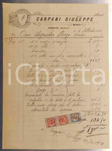Documento originale, autentico 1924 NIBIONNO  CIBRONE Meccanico Giuseppe CARPANI Fattura con marche da bollo 1