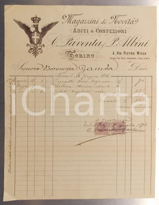 Documento originale, autentico 1896 TORINO Via Pietro Micca  Abbigliamento PAVENTA & ALBINI Fattura intestata 1