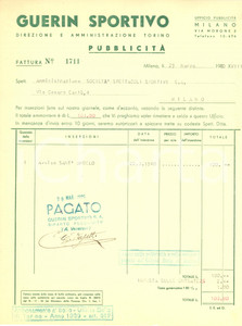 Documento originale, autentico 1940 MILANO  GUERIN SPORTIVO PubblicitÃ   Fattura intestata 1