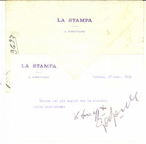1959 TORINO LA STAMPA Biglietto auguri Giulio DE BENEDETTI direttore *Autografo