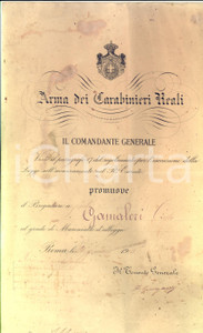 Documento originale, autentico 1909 ARMA DEI CARABINIERI REALI Promozione Carlo GAMALERI maresciallo d alloggio 1