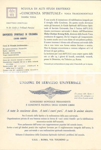Oggetto da collezione cartaceo 1950 ca ROMA Via Tolmino 32 Scuola Alti Studi Esoterici  Hamsa Yoga Pubblicità 1