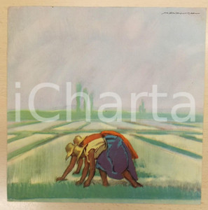 Stampa, bozzetto originale 1950 ca Marcello DUDOVICH Mondine al lavoro in una risaia Stampa 23x23 cm 1