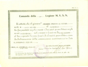 Documento originale, autentico 1932 GORLA MINORE 8 Legione MVSN Armando COLOMBO attestato corsi premilitari 1