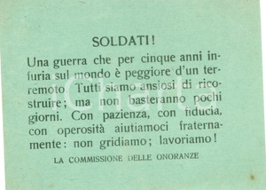 Documento originale, autentico 1918 PROPAGANDA WW1 La guerra è come il terremoto Volantino 1