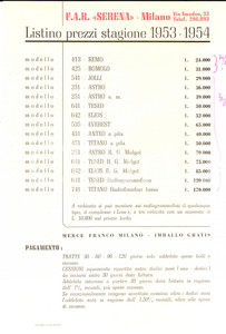 Materiale pubblicitario d’epoca 1953 MILANO Fabbrica Apparecchi Radiofonici SERENA Listino prezzi 1 1