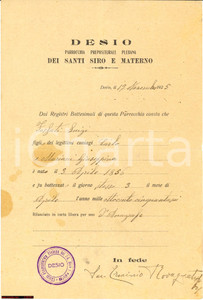 Autografo originale 1925 DESIO Certificato Battesimo SS. SIRO E MATERNO Don ERMINIO ROVAGNATI 1