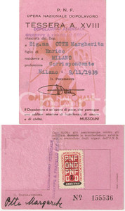 Documento originale, autentico 1939 MILANO Dopolavoro aziendale Giuseppe REDAELLI Tessera Margherita OTTE 1