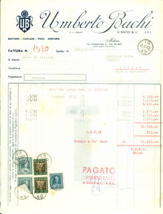 Documento originale, autentico 1949 MILANO Umberto BACHI Bottoni fantasie pizzi mercerie Fattura commerciale 1