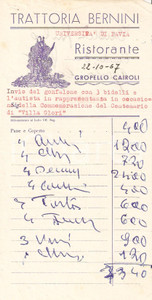 Materiale pubblicitario d’epoca 1967 GROPELLO CAIROLI PV Trattoria BERNINI Ricevuta ILLUSTRATA 10x21 cm 1