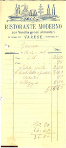 Documento originale, autentico 1916 Varese RISTORANTE MODERNO conto 1
