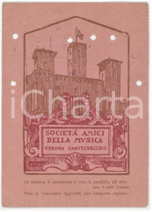 1967 VERONA CASTELVECCHIO Società amici della musica - Tessera stagione concerti Tessera d'epoca.  FAIR/discreto Lievi smussature agli angoli, fori da obliterazione Formato: 8x11 cm originale e autentica 1