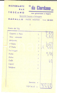 Materiale pubblicitario d’epoca 1950 ca RAPALLO GE Ristorante bar toscano DA GIORDANO Ricevuta 1