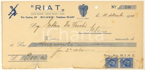 Documento originale, autentico 1941 MILANO Società Anonima RIAT  Ricevuta pubblicitaria con bolli 1