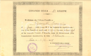 Documento originale, autentico 1931 LONATE POZZOLO 8 Legione MVSN Attestato Francesco GARATTI Corsi Premilitari 1