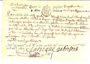 Documento originale, autentico 1682 AUVERGNE France Quittance marquis de LA ROCHE PAULIAC Autographe 1