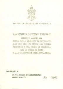 Oggetto da collezione cartaceo 1986 ROMA Giovanni Paolo II celebra veglia PENTECOSTE in SAN PIETRO Biglietto 1