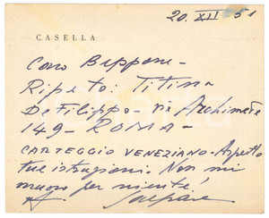Autografo originale 1951 NAPOLI Biglietto Gaspare CASELLA sul carteggio veneziano   Autografo 1